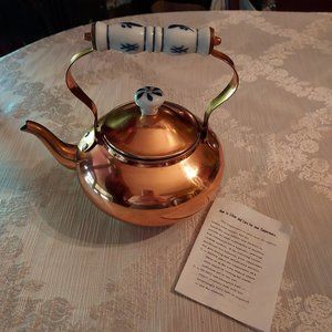 Vintage Copperware Coffee Tea Kettle With Ceramic White and Blue Handles SHINY
